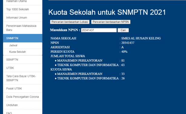 KUOTA SNMPTN SMK AL HUSAIN KELING SANGAT TINGGI